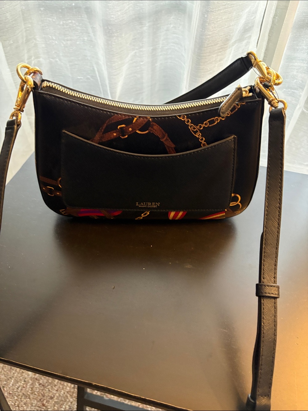 Lauren Ralph Lauren Black Shoulder Bag with Gold Hardware and Scarf Print